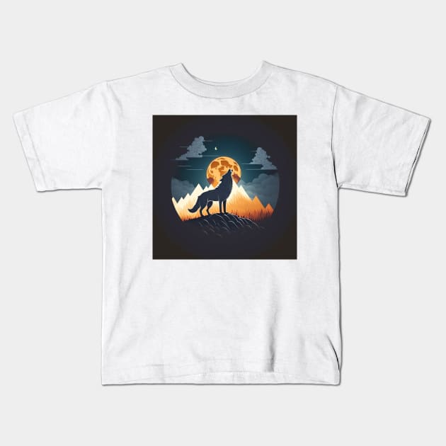 wolf in front of a golden moon Kids T-Shirt by abomastour